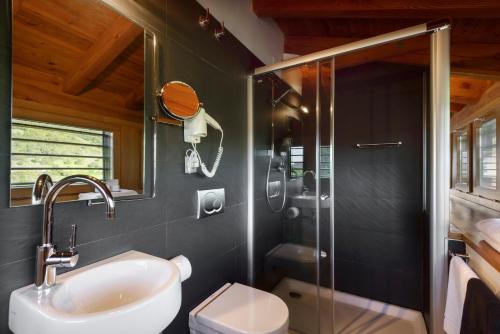 een badkamer met een douche, een wastafel en een toilet bij Hotel Rural Torre de Úriz in Uriz