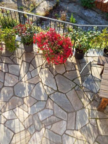 a stone patio with potted plants and a fence at Orizontas Pilio Villa in Kissós
