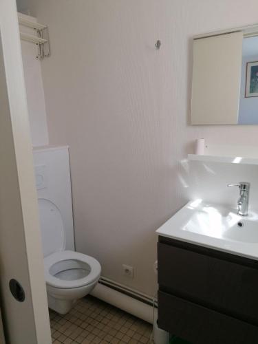 une salle de bain avec des toilettes blanches et un lavabo dans l'établissement 21 rue Thomas Illyriscus, à Arcachon
