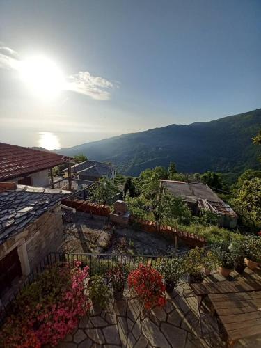 a view of a garden with flowers on a house at Orizontas Pilio Villa in Kissós