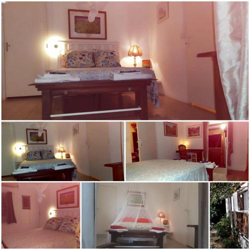 un collage de quatre photos d'une chambre dans l'établissement Villa Julia, à Saint-Pierre
