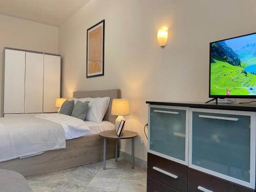 una camera con letto e TV a schermo piatto di Top City Centre 1BR Apartment for 4 Guests & Fast Wifi a Sofia