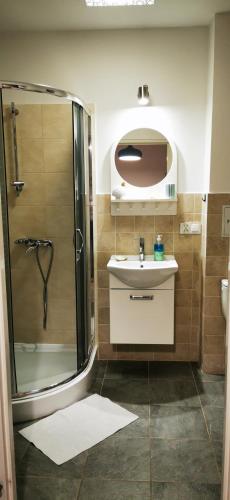 a bathroom with a shower and a sink at Kamienica Radków in Radków