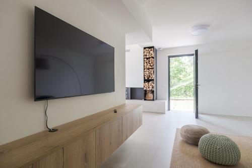 salon z dużym telewizorem z płaskim ekranem na ścianie w obiekcie Villa Orizzonti w mieście Predore