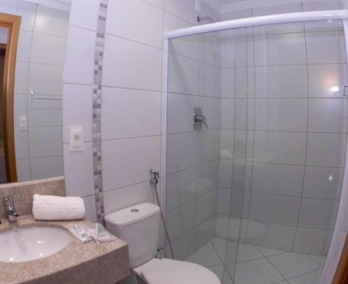 e bagno con doccia, servizi igienici e lavandino. di Flat dentro Parque do Peão de Barretos a Barretos