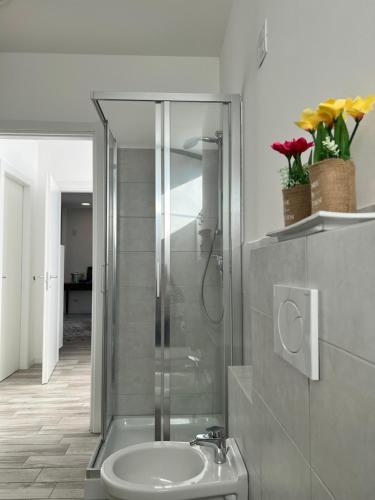 a bathroom with a shower and a sink at La camera del Testa Matta in Travedona