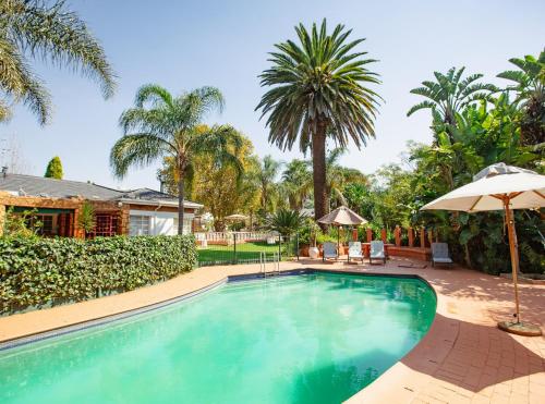 a swimming pool with palm trees and a house at Golden Candle Guest House in Roodepoort