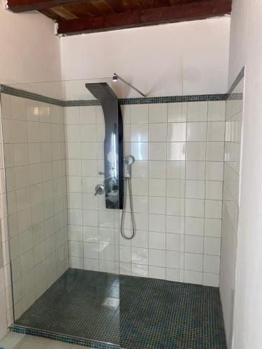 W łazience znajduje się prysznic ze szklanymi drzwiami. w obiekcie Villino Alfeo w mieście Carrozziere