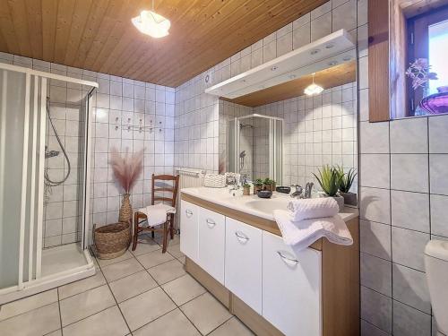a bathroom with a sink and a shower and a mirror at Chalet Saint-Martin-de-Belleville, 4 pièces, 8 personnes - FR-1-344-738 in Saint-Marcel