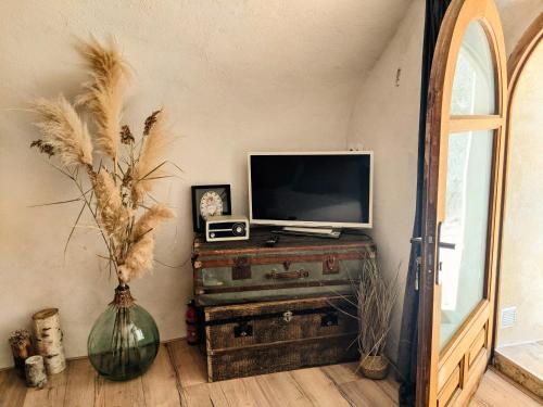 Televízia a/alebo spoločenská miestnosť v ubytovaní Charmante suite indépendante avec cave à vin
