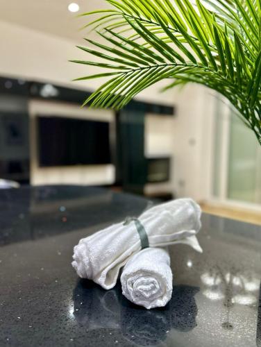 a towel sitting on a table next to a plant at Retreat to a Stylish Ensuite in London in London