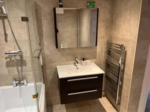 a bathroom with a sink and a shower and a mirror at Stylish 1 Bedroom, 2 bed Basement Flat With Free Parking in Sale