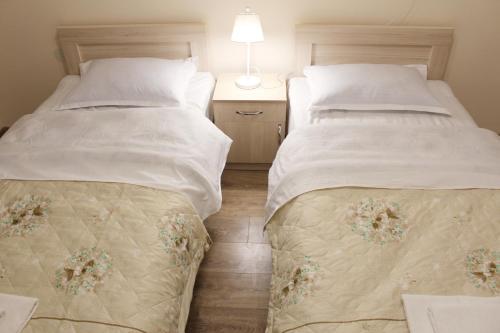 two beds sitting next to each other in a bedroom at Nitsa Guest House in Gori