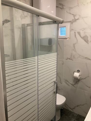 een badkamer met een douche en een toilet bij Garden Apartment in Pefkochori