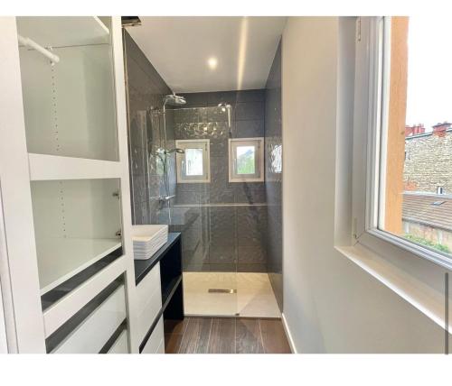 a bathroom with a shower and a sink at Le Nid de Papillons Appartement Haut de gamme Dijon Centre in Dijon