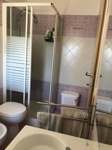 y baño con ducha, aseo y lavamanos. en Mansarda mentana en Vittoria
