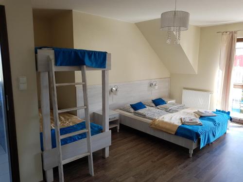 a bedroom with two bunk beds and a ladder at VILLA POMERANIA in Rowy