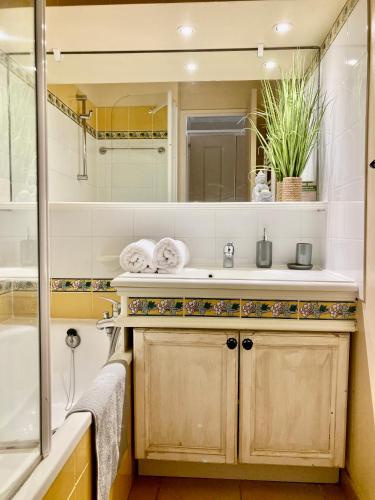 a bathroom with a sink and a tub and a mirror at Les Restanques rez jardin 2063 in Grimaud