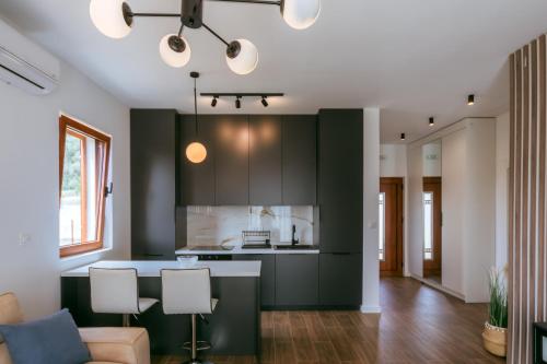 a kitchen with dark green cabinets and a kitchen island at Uphill Glavanovic Villas in Bar