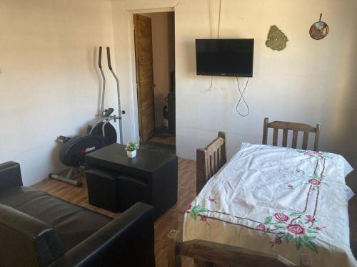 ein Wohnzimmer mit einem Sofa und einem TV in der Unterkunft Depto a 6 cuadras de la playa y 5 min. casco histórico in Colonia del Sacramento