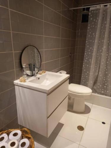 a bathroom with a sink and a toilet and a mirror at The Pacific Cottage in Chincha Baja