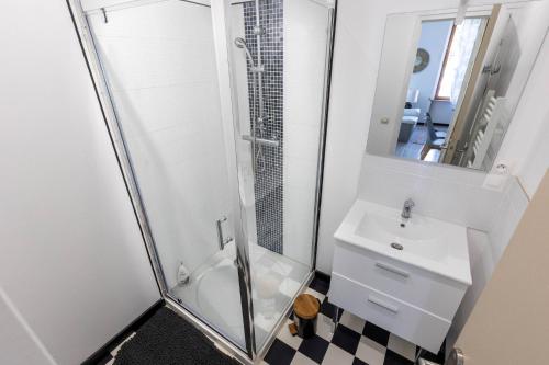 une salle de bain avec douche et lavabo dans l'établissement Maison La Cigogne Noire, à La Loge-aux-Chèvres
