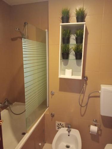 a bathroom with a toilet and potted plants on a shelf at Cacilhas Mini Hostel in Cacilhas