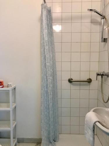 La salle de bains est pourvue d'un rideau de douche et d'un lavabo. dans l'établissement La résidence du port, à Nice