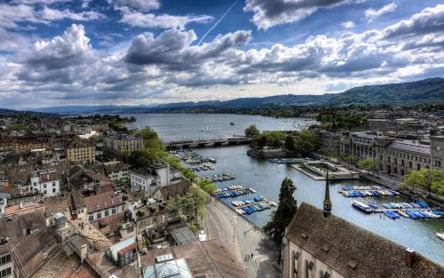an aerial view of a river in a city at Best Western Plus Hotel Zürcherhof in Zürich
