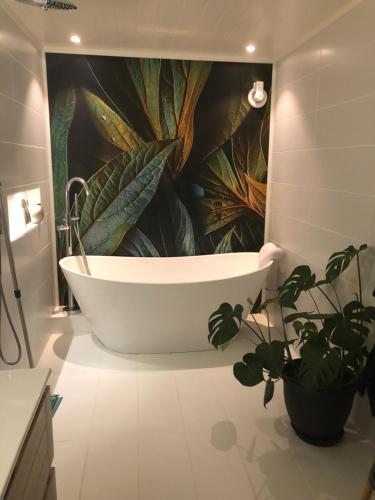 a bathroom with a bath tub with a large plant mural at Valberg Gjestegård in Valberg