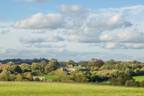 a green field with trees and a cloudy sky at The Chapel in North Elmham