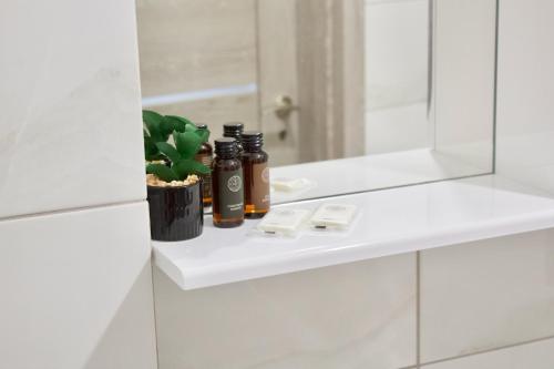 a bathroom shelf with bottles of essential oils and a plant at Modern Apartment in Jekabpils in Jēkabpils