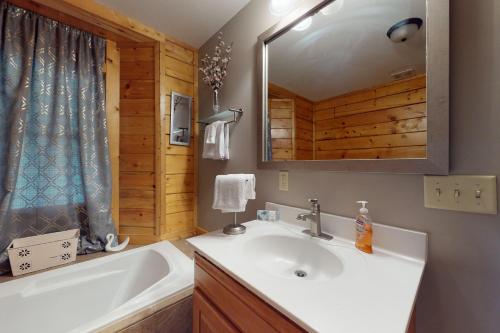 een badkamer met een wastafel, een bad en een spiegel bij Lazy Bear Lodge in Ranger