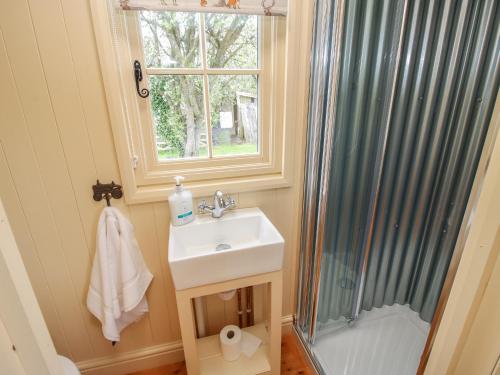 a bathroom with a sink and a shower at Le Petite Pound House in Kidderminster