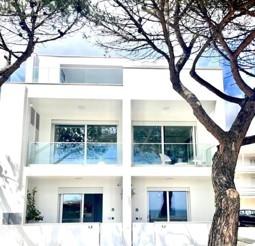 a white building with a tree in front of it at Windsurf Beach Front in Torre Grande