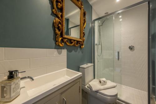 a bathroom with a shower and a toilet and a mirror at Horse Yard Barn in Warham
