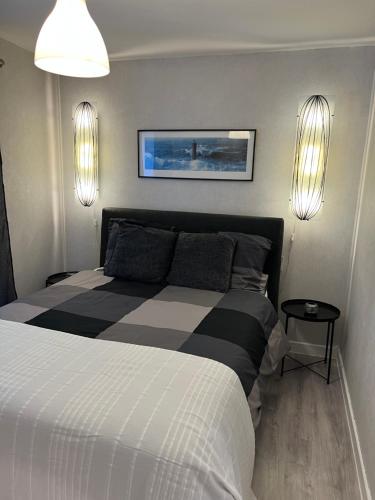 1 dormitorio con 1 cama en blanco y negro y 2 luces en Le Loriot, en Champagne-et-Fontaine