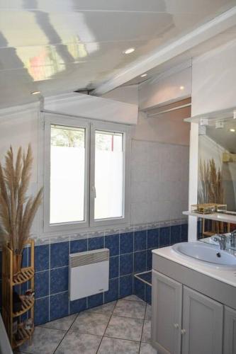 une salle de bain avec un lavabo et une fenêtre dans l'établissement Maison au cœur du Pays Basque, à Cambo-les-Bains