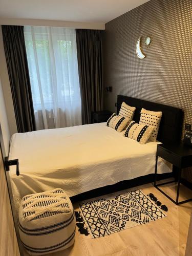 a bedroom with a large bed and a window at Apartament Śródmieście in Augustów