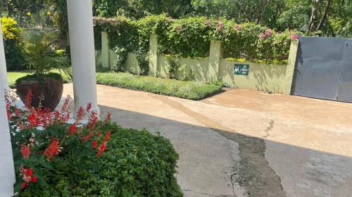 a garden with pink flowers and a fence at El Tessa garden/serviced apartment in Kisumu