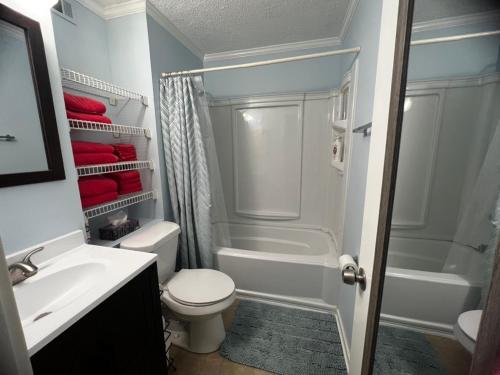 uma casa de banho com um WC, um lavatório e um chuveiro em C Level Condo em Myrtle Beach