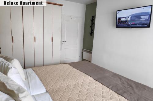 a bedroom with a bed and a tv on a wall at Apartments FANTASY with Free Parking in Ohrid