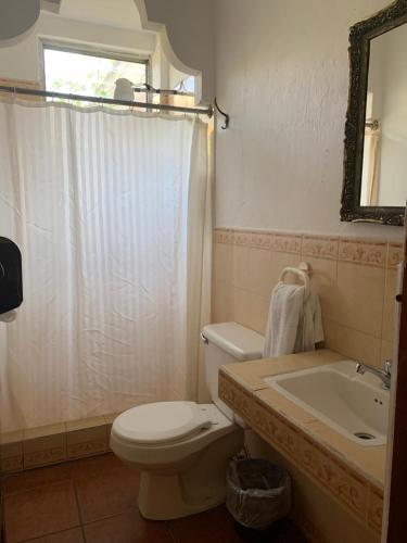 een badkamer met een toilet, een wastafel en een spiegel bij Hotel Posada Don Valentino in Antigua Guatemala