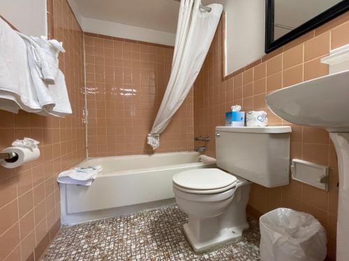 a bathroom with a toilet and a tub and a sink at Polynesian Oceanfront Hotel in Myrtle Beach