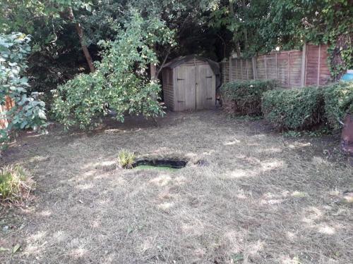 a garden with a wooden shed in the yard at Entire 2 bed apartment - Up to 4 guest - 10 min from station & town centre in Wokingham