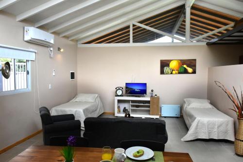 uma sala de estar com um sofá e uma televisão em Chacras Village em Ciudad Lujan de Cuyo