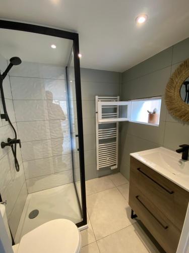 La salle de bains est pourvue d'une douche, de toilettes et d'un lavabo. dans l'établissement Nouveau cabanon L ilette vue mer calanque de Niolon, à Le Rove