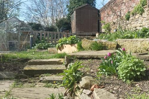 a garden with stone steps and a greenhouse at Ruskin Square, Sheffield in Heeley