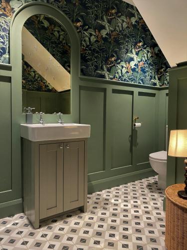 a bathroom with green walls and a sink and a mirror at Mary's Lane in Randalstown