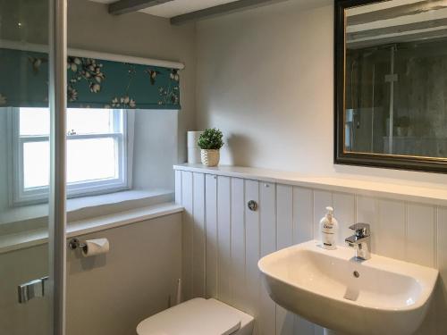 a bathroom with a sink and a toilet and a mirror at Bread Oven Cottage in Smailholm